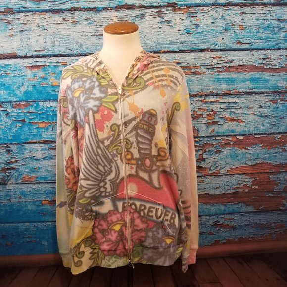 Wet Seal White with Tattoo Print Hooded Jacket - Picture 2 of 8